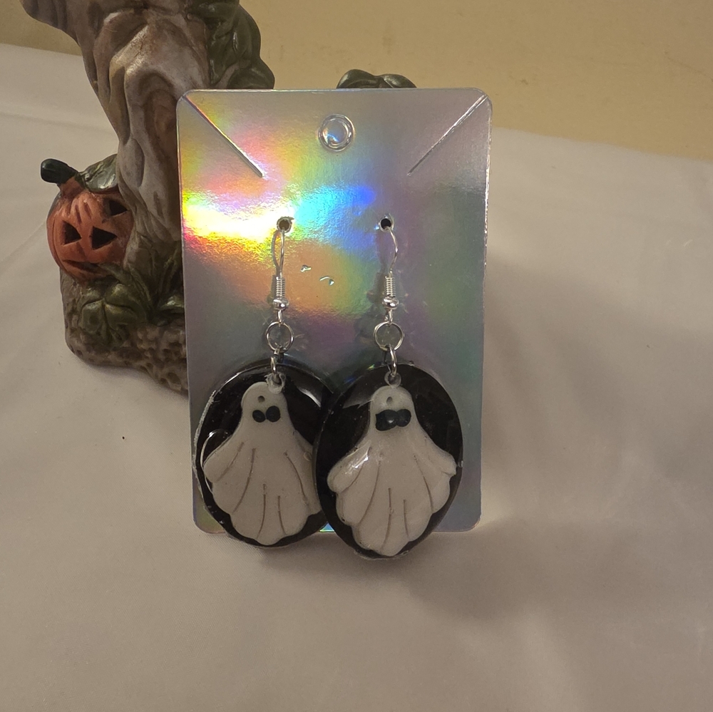 Long Black And White Resin Ghost Hook Earrings Stainless Steel Gothic Halloween